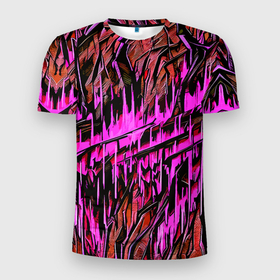 Мужская футболка 3D Slim с принтом Камень и розовые полосы в Санкт-Петербурге, 100% полиэстер с улучшенными характеристиками | приталенный силуэт, круглая горловина, широкие плечи, сужается к линии бедра | Тематика изображения на принте: 