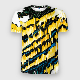 Мужская футболка 3D Slim с принтом Субстанция и жёлтые полосы в Санкт-Петербурге, 100% полиэстер с улучшенными характеристиками | приталенный силуэт, круглая горловина, широкие плечи, сужается к линии бедра | Тематика изображения на принте: 