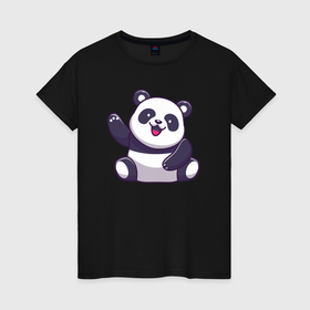 Женская футболка хлопок с принтом Привет от панды в Кировске, 100% хлопок | прямой крой, круглый вырез горловины, длина до линии бедер, слегка спущенное плечо | 