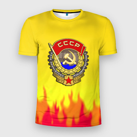 Мужская футболка 3D Slim с принтом СССР огонь герб в Екатеринбурге, 100% полиэстер с улучшенными характеристиками | приталенный силуэт, круглая горловина, широкие плечи, сужается к линии бедра | 