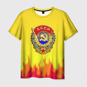 Мужская футболка 3D с принтом СССР огонь герб в Новосибирске, 100% полиэфир | прямой крой, круглый вырез горловины, длина до линии бедер | 