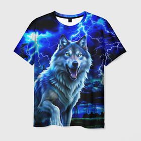 Мужская футболка 3D с принтом Грозовой волк с молниями в Белгороде, 100% полиэфир | прямой крой, круглый вырез горловины, длина до линии бедер | Тематика изображения на принте: 