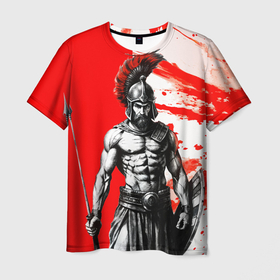 Мужская футболка 3D с принтом Гладиатор Спартак красно белые в Санкт-Петербурге, 100% полиэфир | прямой крой, круглый вырез горловины, длина до линии бедер | 