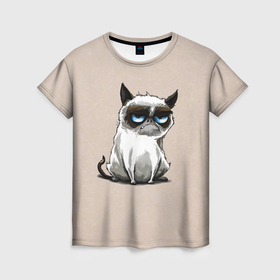 Женская футболка 3D с принтом Недовольный хмурый котик мем в Белгороде, 100% полиэфир ( синтетическое хлопкоподобное полотно) | прямой крой, круглый вырез горловины, длина до линии бедер | 