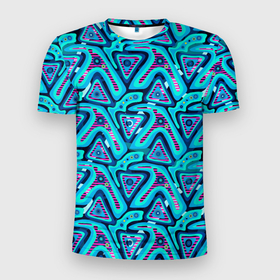 Мужская футболка 3D Slim с принтом Цветные графические многоугольники в Тюмени, 100% полиэстер с улучшенными характеристиками | приталенный силуэт, круглая горловина, широкие плечи, сужается к линии бедра | 