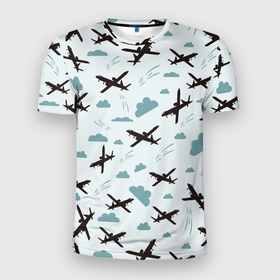 Мужская футболка 3D Slim с принтом Самолет в облаках паттерн в Екатеринбурге, 100% полиэстер с улучшенными характеристиками | приталенный силуэт, круглая горловина, широкие плечи, сужается к линии бедра | Тематика изображения на принте: 