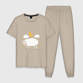 Мужская пижама хлопок с принтом Овечка летит в Курске, 100% хлопок | брюки и футболка прямого кроя, без карманов, на брюках мягкая резинка на поясе и по низу штанин
 | 