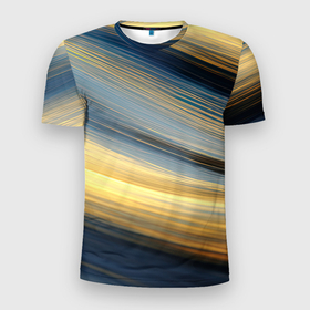 Мужская футболка 3D Slim с принтом Синяя и желтая изогнутая  абстракция в Тюмени, 100% полиэстер с улучшенными характеристиками | приталенный силуэт, круглая горловина, широкие плечи, сужается к линии бедра | 
