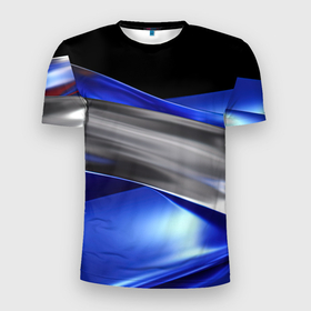 Мужская футболка 3D Slim с принтом Серебряная вставка на синей абстракции в Белгороде, 100% полиэстер с улучшенными характеристиками | приталенный силуэт, круглая горловина, широкие плечи, сужается к линии бедра | Тематика изображения на принте: 