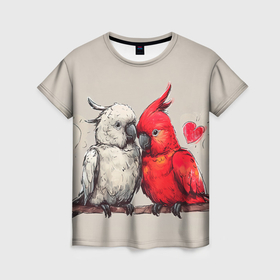Женская футболка 3D с принтом Влюбленные попугаи 14 февраля , 100% полиэфир ( синтетическое хлопкоподобное полотно) | прямой крой, круглый вырез горловины, длина до линии бедер | 