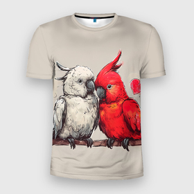 Мужская футболка 3D Slim с принтом Влюбленные попугаи 14 февраля в Курске, 100% полиэстер с улучшенными характеристиками | приталенный силуэт, круглая горловина, широкие плечи, сужается к линии бедра | 