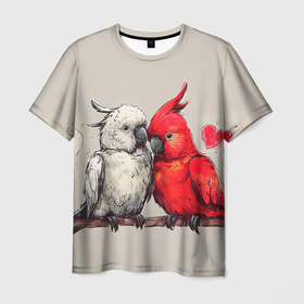 Мужская футболка 3D с принтом Влюбленные попугаи 14 февраля в Курске, 100% полиэфир | прямой крой, круглый вырез горловины, длина до линии бедер | Тематика изображения на принте: 