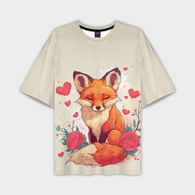Мужская футболка oversize 3D с принтом Влюбленная лисичка  в сердечках ,  |  | 
