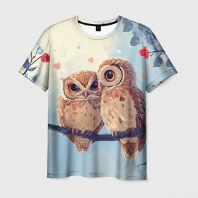 Мужская футболка 3D с принтом Влюбленные совы 14 февраля в Курске, 100% полиэфир | прямой крой, круглый вырез горловины, длина до линии бедер | Тематика изображения на принте: 