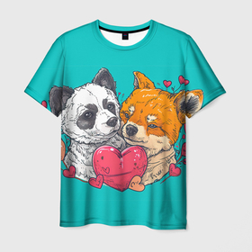 Мужская футболка 3D с принтом Влюбленная собачка и лисичка в Тюмени, 100% полиэфир | прямой крой, круглый вырез горловины, длина до линии бедер | 