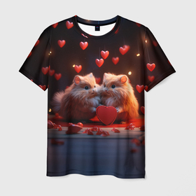 Мужская футболка 3D с принтом Милые влюбленные хомячки в Кировске, 100% полиэфир | прямой крой, круглый вырез горловины, длина до линии бедер | Тематика изображения на принте: 