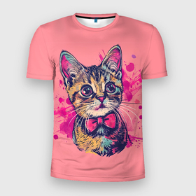 Мужская футболка 3D Slim с принтом Милый котенок с бабочкой в Санкт-Петербурге, 100% полиэстер с улучшенными характеристиками | приталенный силуэт, круглая горловина, широкие плечи, сужается к линии бедра | 