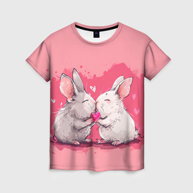 Женская футболка 3D с принтом Милые влюбленные кролики в Санкт-Петербурге, 100% полиэфир ( синтетическое хлопкоподобное полотно) | прямой крой, круглый вырез горловины, длина до линии бедер | 