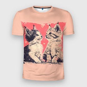 Мужская футболка 3D Slim с принтом Влюбленные котята 14 февраля в Белгороде, 100% полиэстер с улучшенными характеристиками | приталенный силуэт, круглая горловина, широкие плечи, сужается к линии бедра | 