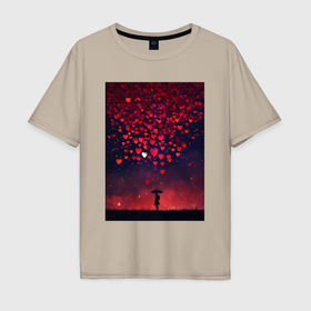 Мужская футболка хлопок Oversize с принтом Дождь из гранатовых сердечек , 100% хлопок | свободный крой, круглый ворот, “спинка” длиннее передней части | Тематика изображения на принте: 