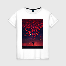 Женская футболка хлопок с принтом Дождь из гранатовых сердечек в Белгороде, 100% хлопок | прямой крой, круглый вырез горловины, длина до линии бедер, слегка спущенное плечо | 