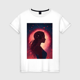 Женская футболка хлопок с принтом Девушка под дождем из сердечек в Санкт-Петербурге, 100% хлопок | прямой крой, круглый вырез горловины, длина до линии бедер, слегка спущенное плечо | 
