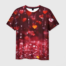 Мужская футболка 3D с принтом Дождь из сердечек , 100% полиэфир | прямой крой, круглый вырез горловины, длина до линии бедер | Тематика изображения на принте: 