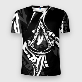 Мужская футболка 3D Slim с принтом Assassins Creed: Mirage   каллиграфия в Новосибирске, 100% полиэстер с улучшенными характеристиками | приталенный силуэт, круглая горловина, широкие плечи, сужается к линии бедра | Тематика изображения на принте: 