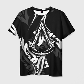 Мужская футболка 3D с принтом Assassins Creed: Mirage   каллиграфия в Новосибирске, 100% полиэфир | прямой крой, круглый вырез горловины, длина до линии бедер | Тематика изображения на принте: 