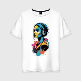 Женская футболка хлопок Oversize с принтом девушка и музыка в Кировске, 100% хлопок | свободный крой, круглый ворот, спущенный рукав, длина до линии бедер
 | 