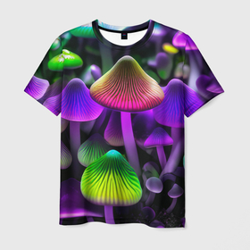 Мужская футболка 3D с принтом Люминесцентные грибы в Белгороде, 100% полиэфир | прямой крой, круглый вырез горловины, длина до линии бедер | Тематика изображения на принте: 