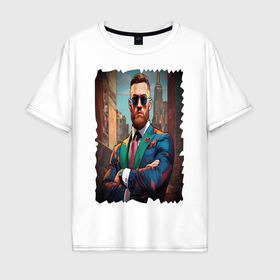Мужская футболка хлопок Oversize с принтом Конор Макгрегор на фоне города в Петрозаводске, 100% хлопок | свободный крой, круглый ворот, “спинка” длиннее передней части | Тематика изображения на принте: 