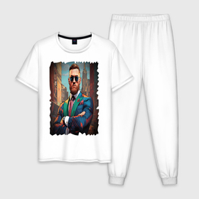 Мужская пижама хлопок с принтом Конор Макгрегор на фоне города , 100% хлопок | брюки и футболка прямого кроя, без карманов, на брюках мягкая резинка на поясе и по низу штанин
 | 