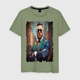 Мужская футболка хлопок с принтом Конор Макгрегор на фоне города в Кировске, 100% хлопок | прямой крой, круглый вырез горловины, длина до линии бедер, слегка спущенное плечо. | 