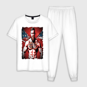 Мужская пижама хлопок с принтом Конор Макгрегор на фоне американского флага в Петрозаводске, 100% хлопок | брюки и футболка прямого кроя, без карманов, на брюках мягкая резинка на поясе и по низу штанин
 | 