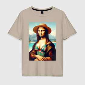 Мужская футболка хлопок Oversize с принтом Мона Лиза в купальнике и шляпе на пляже в Петрозаводске, 100% хлопок | свободный крой, круглый ворот, “спинка” длиннее передней части | 