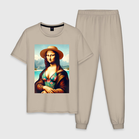 Мужская пижама хлопок с принтом Мона Лиза в купальнике и шляпе на пляже в Белгороде, 100% хлопок | брюки и футболка прямого кроя, без карманов, на брюках мягкая резинка на поясе и по низу штанин
 | 