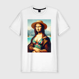 Мужская футболка хлопок Slim с принтом Мона Лиза в купальнике и шляпе на пляже в Белгороде, 92% хлопок, 8% лайкра | приталенный силуэт, круглый вырез ворота, длина до линии бедра, короткий рукав | 