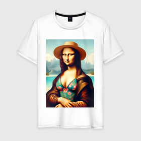 Мужская футболка хлопок с принтом Мона Лиза в купальнике и шляпе на пляже в Новосибирске, 100% хлопок | прямой крой, круглый вырез горловины, длина до линии бедер, слегка спущенное плечо. | 