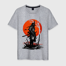 Мужская футболка хлопок с принтом Самурай воин Бусидо   восходящее красное солнце в Кировске, 100% хлопок | прямой крой, круглый вырез горловины, длина до линии бедер, слегка спущенное плечо. | 