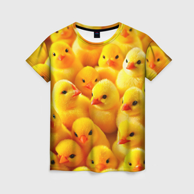 Женская футболка 3D с принтом С желтыми цыплятами , 100% полиэфир ( синтетическое хлопкоподобное полотно) | прямой крой, круглый вырез горловины, длина до линии бедер | 