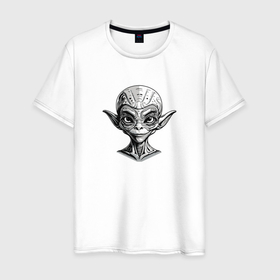 Мужская футболка хлопок с принтом Голова пришельца в Екатеринбурге, 100% хлопок | прямой крой, круглый вырез горловины, длина до линии бедер, слегка спущенное плечо. | 