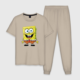 Мужская пижама хлопок с принтом Спанч Боб в Тюмени, 100% хлопок | брюки и футболка прямого кроя, без карманов, на брюках мягкая резинка на поясе и по низу штанин
 | 