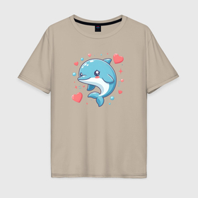 Мужская футболка хлопок Oversize с принтом Милый дельфин с сердечками в Санкт-Петербурге, 100% хлопок | свободный крой, круглый ворот, “спинка” длиннее передней части | 