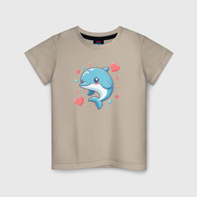 Детская футболка хлопок с принтом Милый дельфин с сердечками в Санкт-Петербурге, 100% хлопок | круглый вырез горловины, полуприлегающий силуэт, длина до линии бедер | 