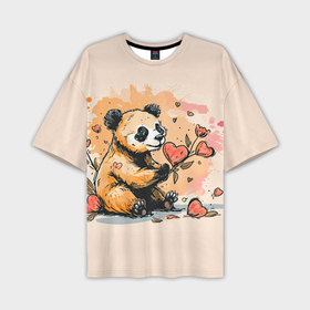 Мужская футболка oversize 3D с принтом Милая панда с сердечком и цветами ,  |  | 
