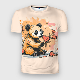 Мужская футболка 3D Slim с принтом Милая панда с сердечком и цветами , 100% полиэстер с улучшенными характеристиками | приталенный силуэт, круглая горловина, широкие плечи, сужается к линии бедра | 