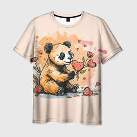Мужская футболка 3D с принтом Милая панда с сердечком и цветами в Санкт-Петербурге, 100% полиэфир | прямой крой, круглый вырез горловины, длина до линии бедер | 