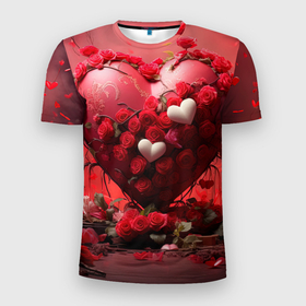 Мужская футболка 3D Slim с принтом Сердце и розы 14 февраля в Белгороде, 100% полиэстер с улучшенными характеристиками | приталенный силуэт, круглая горловина, широкие плечи, сужается к линии бедра | 