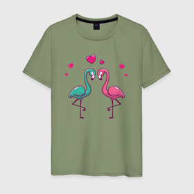 Мужская футболка хлопок с принтом Flamingo love в Кировске, 100% хлопок | прямой крой, круглый вырез горловины, длина до линии бедер, слегка спущенное плечо. | Тематика изображения на принте: 